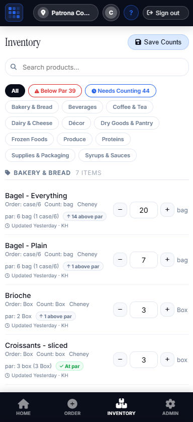 Parstock mobile inventory screen showing the Bakery & Bread category with Below Par and Needs Counting filters, per-item par status, and unit-aware counts.